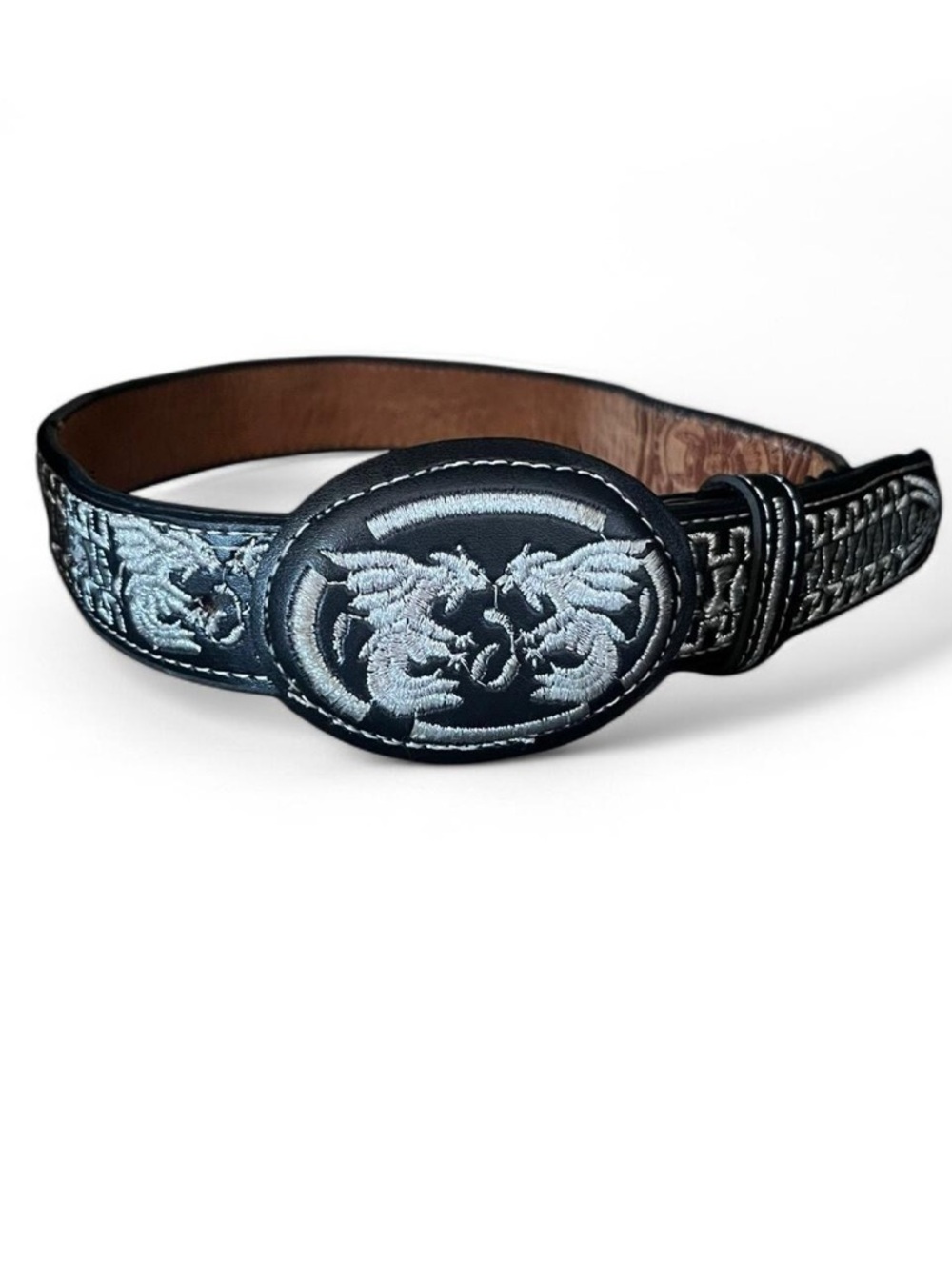 Embroidered Black Leather Belt with Silver Dragon Medallion